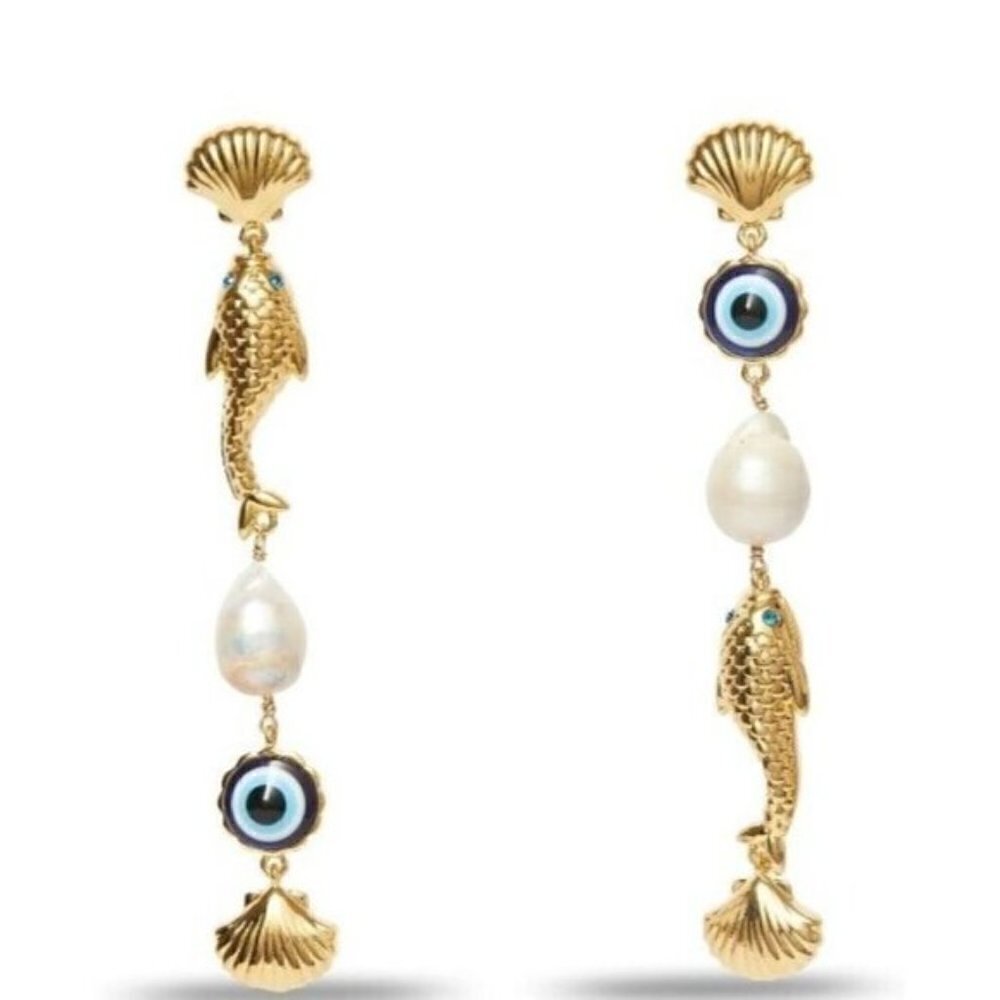 Lele Sadoughi Gold Fish Pearl Drop Earrings Evil Eye Shell Coastal Statement Res